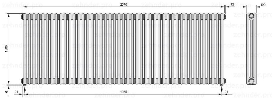 Схема (чертеж) Радиатор Zehnder Charleston 3150/45 №5310 Белый глянцевый RAL 9016